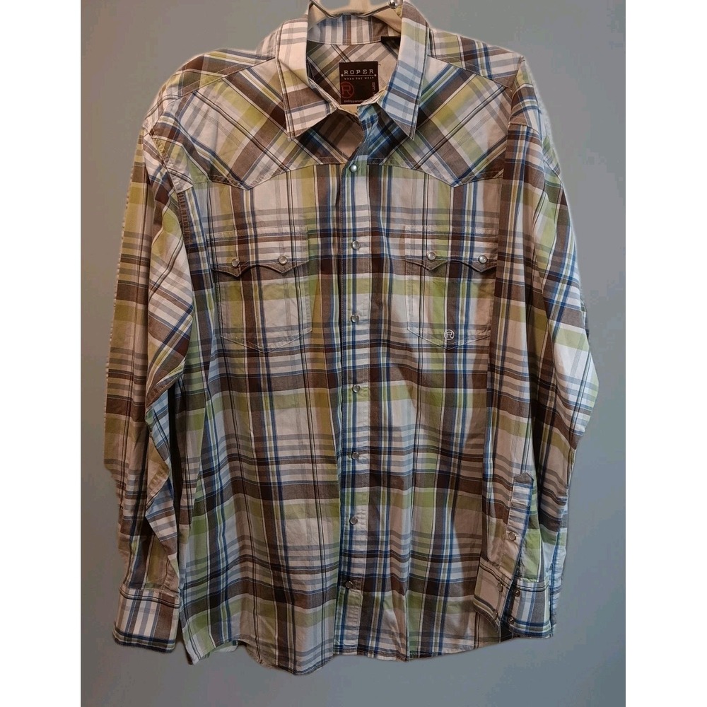 ROPER Mens XL Western Shirt Plaid Pearl Snap Long Sleeve Marathon Embroidered